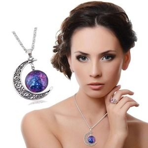 Silver Galaxy Crescent Moon Fashion Necklace